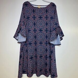 Ruby Rd Womens Navy Blue Coral Medallion Print Bell Sleeve Shift Dress Large